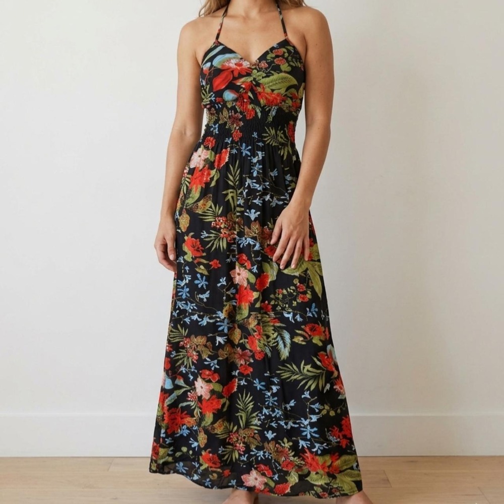 Black Tropical Floral Maxi Dress Halter Neck Smocked Waist - Size XS